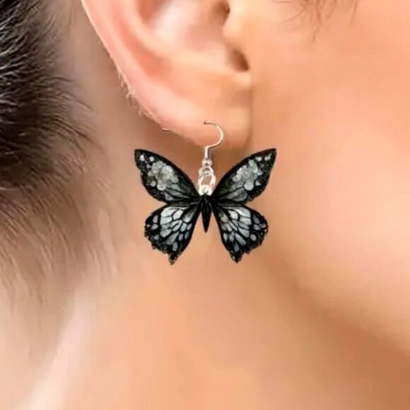 New - Lightweight Grey Dangling Butterfly Earrings - Picture 2 of 4